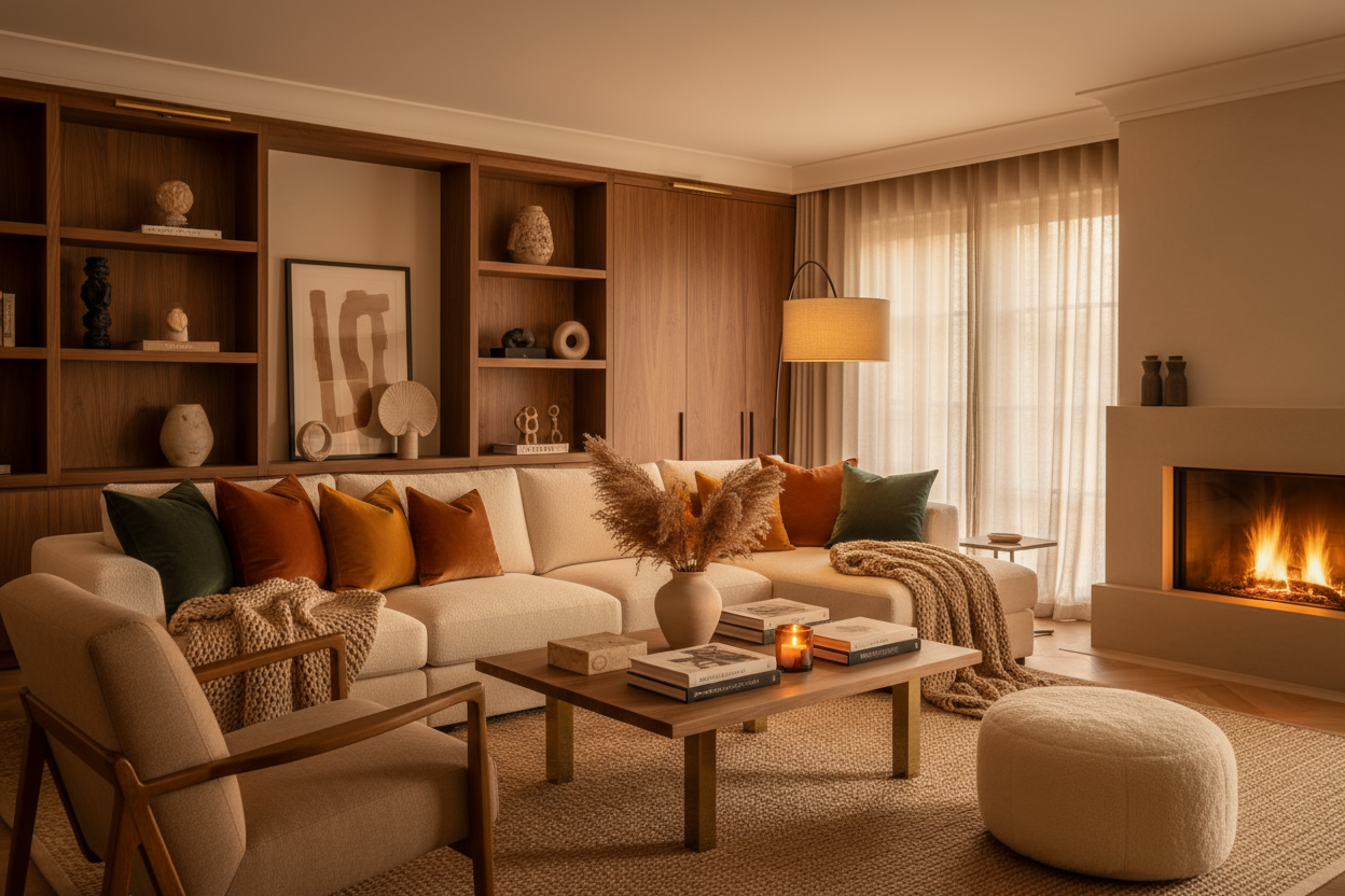 A cozy living room with warm lights, plush pillows, soft textures, cozy throw blankets, inviting atmosphere, premium home decor pieces displayed, natural warm hues, high-end interior photography.