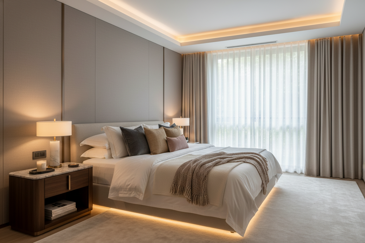 “Premium bedroom interior, luxurious and cozy, featuring a neatly made bed with high-quality bedding, designer cushions, and a soft textured throw, elegant bedside table with a stylish lamp and decorative accents, warm ambient lighting, minimalist modern design, neutral walls with subtle accent tones, natural light filtering through large windows, high-resolution lifestyle photography, rich textures, sophisticated and aspirational atmosphere”