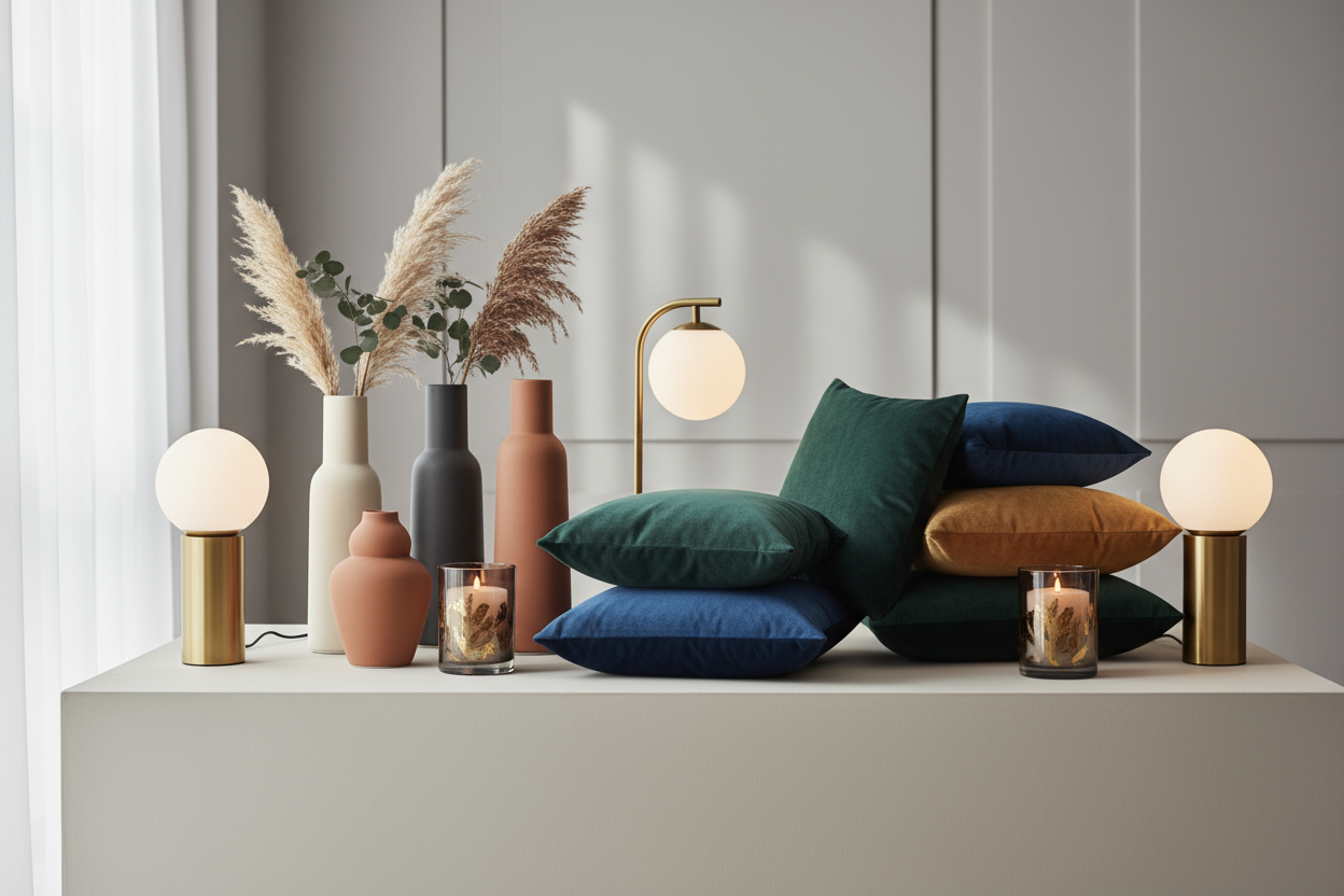 “Premium home decor showcase featuring the latest arrivals, including elegant vases, designer cushions, luxury candles, and stylish table lamps, arranged aesthetically on a clean neutral surface, soft natural lighting with subtle shadows, modern minimalist style, high-resolution lifestyle photography, rich textures and colors, sophisticated and aspirational look, visually striking composition”
